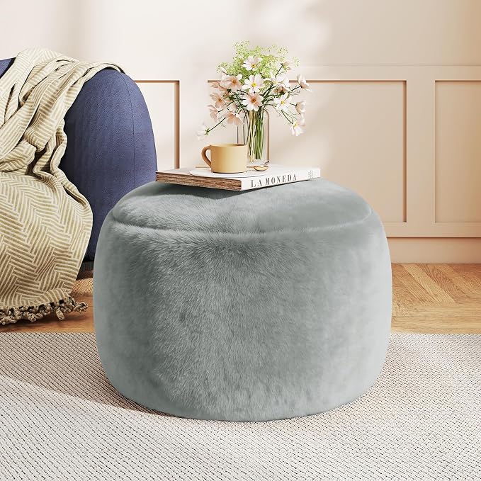 Round Stuffed Pouf Ottoman Foot Rest, Faux Fur Poufs by Gericco