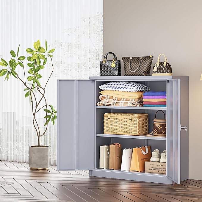 INTERGREAT Metal Cabinet with Lock, Lockable Metal Storage Cabinets with Doors and Shelves for Garage, Cement Grey Locking Garage Storage Cabinets 36"×32"×16"-DeskLoop Office