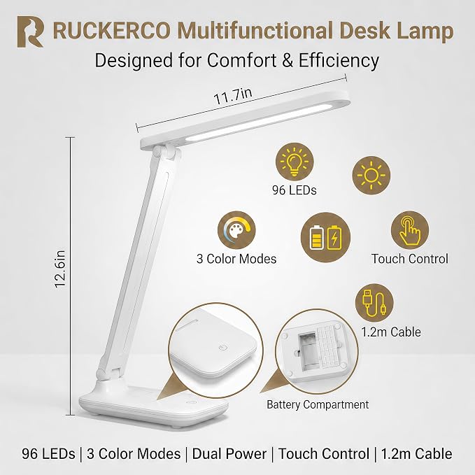 R RUCKERCO Led Desk Lamp Dimmable Desk Light Reading Lamp 3 Lighting Modes - Image 5