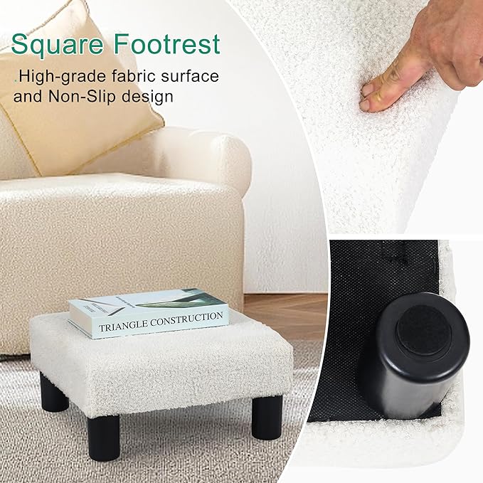 Joveco Small Foot Rest Stool Ottoman, Square Boucle Upholstered Footrest with Plastic Legs, Under Desk Footstool for Chair, Office, Living Room, White-DeskLoop Office