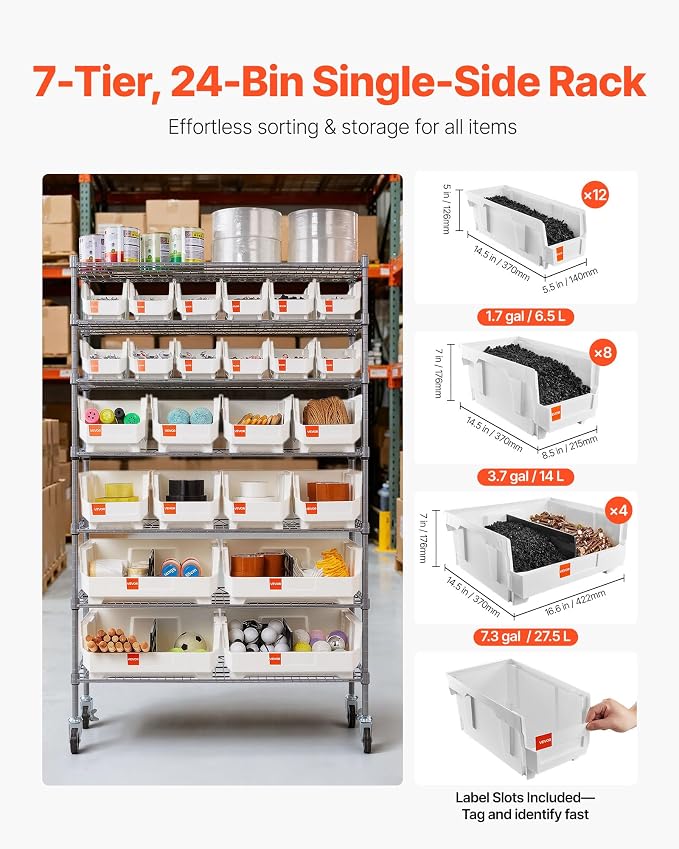 VEVOR 7-Tier Rolling Bin Storage Rack, 24 Organizer Bins, Bin Rack Storage - Image 4