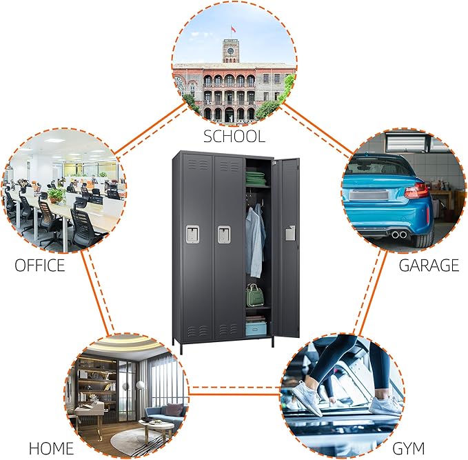 Metal Storage Locker with 3 Doors,Metal Locker for Employees with 9 Hooks for School Garage Office Gym Home,Assembly Required,Dark Grey-DeskLoop Office