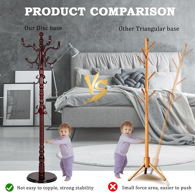 Coat Racks Free Standing with 14 Hooks, Natural Wood Coat Rack with Solid Round Base, Adjustable Height Coat Racks, Easy Assembly for Hallway, Bedroom and Office (Reddish brown)-DeskLoop Office