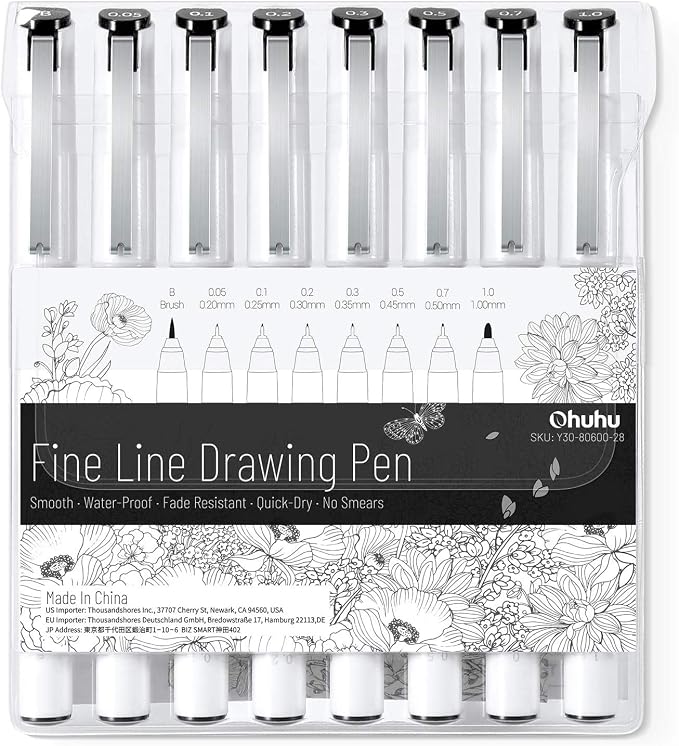 Ohuhu Fineliner Pens Micro Drawing Pens: 8-size Tips Waterproof Pigment Black by Ohuhu