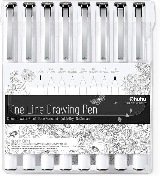 Ohuhu Fineliner Pens Micro Drawing Pens: 8-size Tips Waterproof Pigment Black by Ohuhu