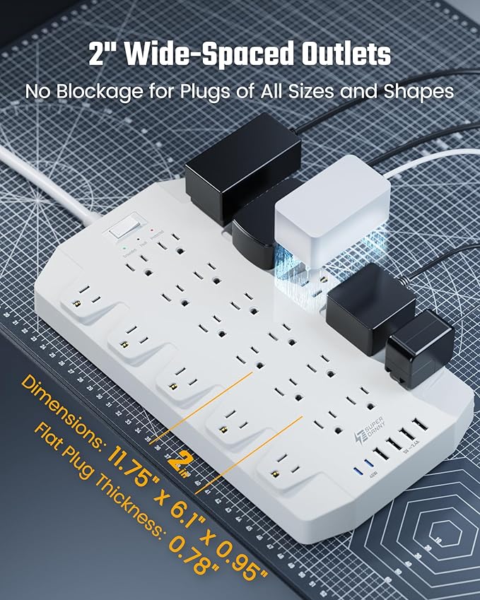 45W Power Strip Surge Protector with PD USB-C, SUPERDANNY 1875W/15A, 2100J, 6.5ft Flat Plug Mountable Extension Cord with 22 Outlet+6 USB Port, Fast Charging for Home,Office,Dorm,Gaming,PC,Streaming-DeskLoop Office