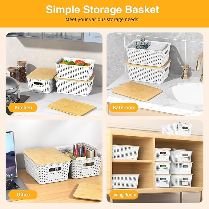 Plastic Storage Baskets with Bamboo Lids and Labels, Stackable Storage - Image 4