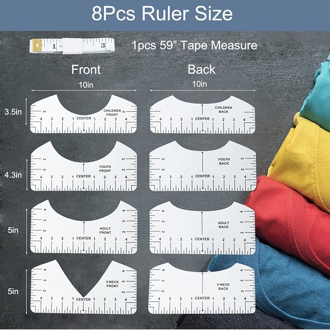 9Pcs Tshirt-Ruler Guide to Center Vinyl, Transparent V-Neck/Round PVC Ruler - Image 3