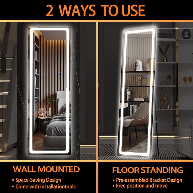Hasipu Full Length Mirror with Lights, 56" x 20" LED Floor Mirror, Full Body Dressing Standing, Hanging Mounted Mirror for Living Room Bedroom Cloakroom, Round White-DeskLoop Office