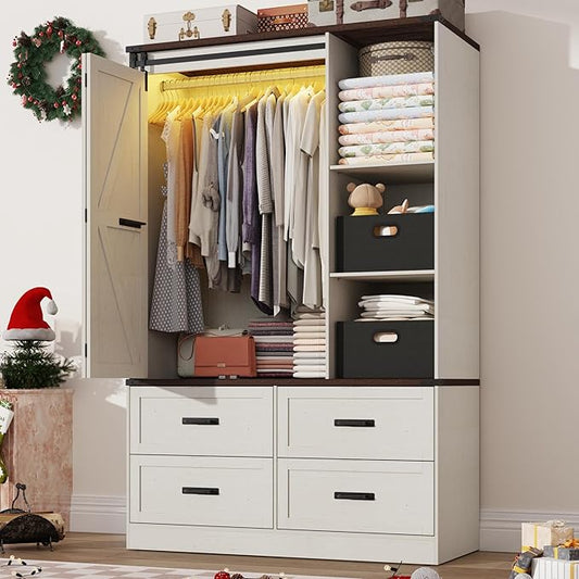 Farmhouse 3 Doors Armoire Wardrobe Closet w/Folding Sliding Barn Door and Lights, LED Armoire Closet w/Drawers for Bedroom, Freestanding Wooden Wardrobe Storage Closets w/Hanging Rod,Antique White-DeskLoop Office