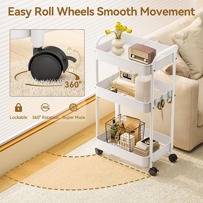 YASONIC 3-Tier Metal Rolling Cart, Sturdy Storage Utility Carts - Image 3