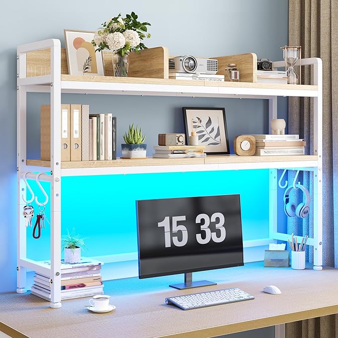 REIBII 45.2" Desk Shelf with LED Lights and Hooks, 2-Tier Adjustable by REIBII