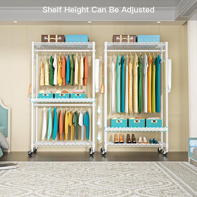 P1 Heavy Duty Garment Rack, 3 Tiers Adjustable Rolling Metal Closet Organizer with Lockable Wheels, FreeStanding Wardrobe with Double Hanger Rods & 1 Pair Hooks, Max Load 450 LBS, White-DeskLoop Office