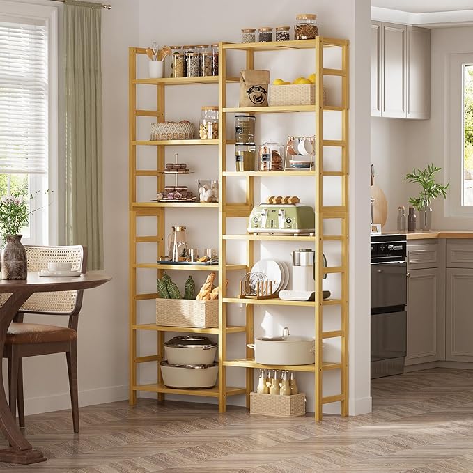 Homykic Double Wide Bamboo Bookshelf, 6-Tier Large Open Bookcase with 12 Display Shelves, 6ft Tall Freestanding Book Shelf for Home Office, Bedroom, Living Room, Plants, Natural-DeskLoop Office
