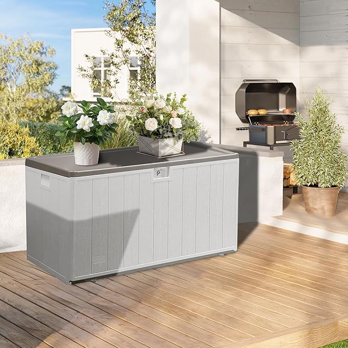 110 Gallon Pro Outdoor Storage Box Waterproof Lockable Deck Box Large, Patio Storage Bin for Pool Accessories Cushion Furniture, Garden Tools, UV-Resistant Outside Delivery, Grayish Brown-DeskLoop Office