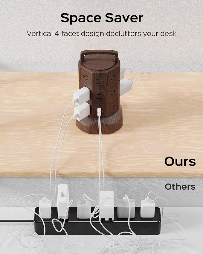 JACKYLED Power Strip Tower Surge Protector with 6.5ft Extension Cord 6 USB Ports and 12 AC Outlets Electric Charging Station for Home Office Dorm Desktop Computer Walnut and Black-DeskLoop Office