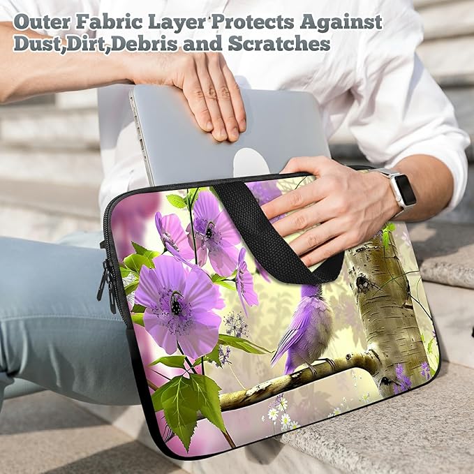 Laptop Sleeve Case Bag 15 inch, Purple Florals Hummingbird Slim Carrying Case Durable Handbag Travel Laptop Bag for 15 inch MacBook Air M3/M2/15 Pro/Surface Laptop 7/6/5/4/3/ Dell XPS 15 Plus