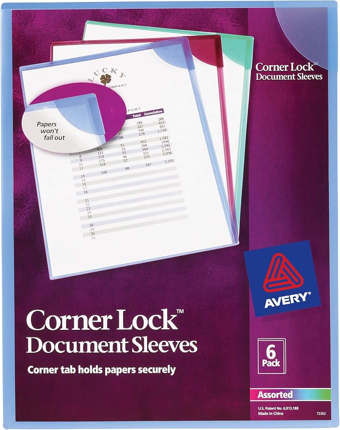 Avery Corner Lock Document Sleeves, Holds up to 20 Sheets, 6 Plastic Sleeves by Avery
