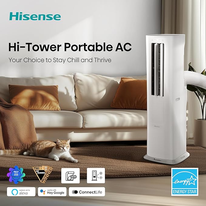 Hisense API0825UW1D Smart Inverter Twin Hose 8,000 BTU (DOE) 350 SF Heat/Cool Tower Portable Air Conditioner, White-DeskLoop Office