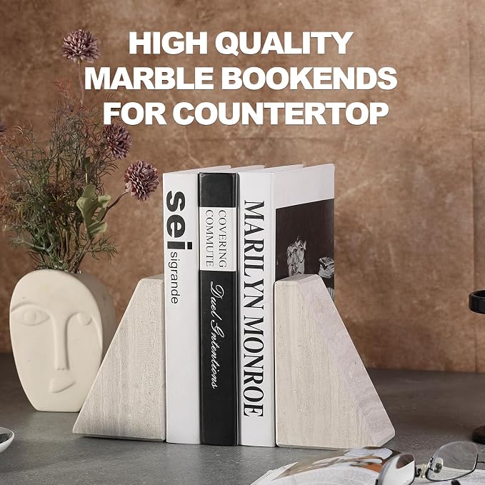 Marble Book Ends for Heavy Books, Decorative Bookends for Shelves, Durable and - Image 3