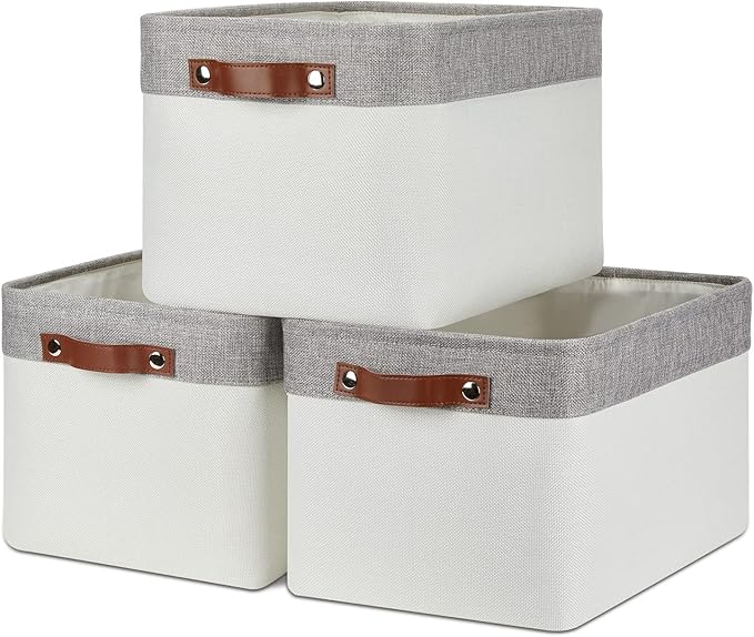 DULLEMELO Storage Baskets for Organizing, Shelves,Bedroom, Decorative Storage Bins with Leather Handles, Fabric Storage Basket for Office, Toys(3-Pack Medium-15 inch X 11 inch X 9.5 inch , Grey&White)-DeskLoop Office