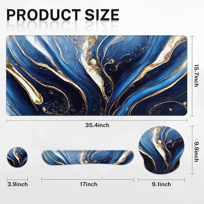 Britimes Blue and Gold Marble Keyboard Mouse Pad Set 4in1 Large - Image 2