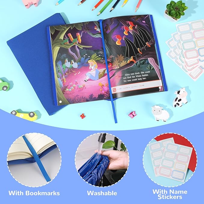 Jumbo Book Covers 8 Pack Reusable Fabric Book Cover Protective Books Covers 9 x 11 Inch Blue Stretchable Books Sleeve Cover with Label Sticker for Most Hardcover Textbooks Up to 10 x 12.5 Inch-DeskLoop Office