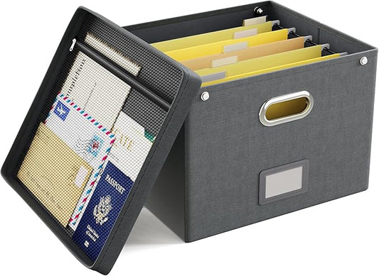 Oterri File Organizer Box with Lid,Large Hanging Filing Box with Mesh Pocket, Document Organizer for Letter Files, Portable Storage Case with Smooth Sliding Rail for Office&Home (1 PCS, Dark grey)-DeskLoop Office