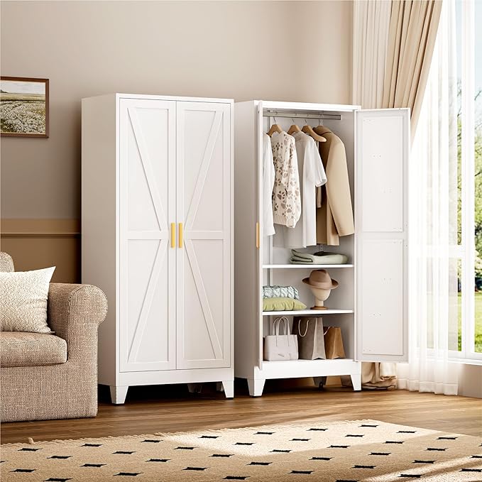 Farmhouse Wardrobe Cabinet,Metal Wardrobe Closet with Hanging Rod,Metal Armoire with Adjustable Shelves for Bedroom,Living Room, Cloak Room,Office (White)-DeskLoop Office