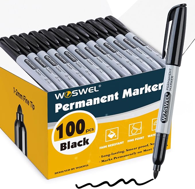 WOSWEL Permanent Markers Bulk, 100 Pack Fine Point Tip Black Permanent Marker by WonderfulOptions