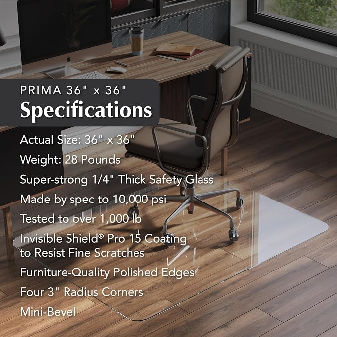 Vitrazza Glass Chair Mat 36” x 36” Superior ¼" Thick, Luminoso Standard Clear - Image 4