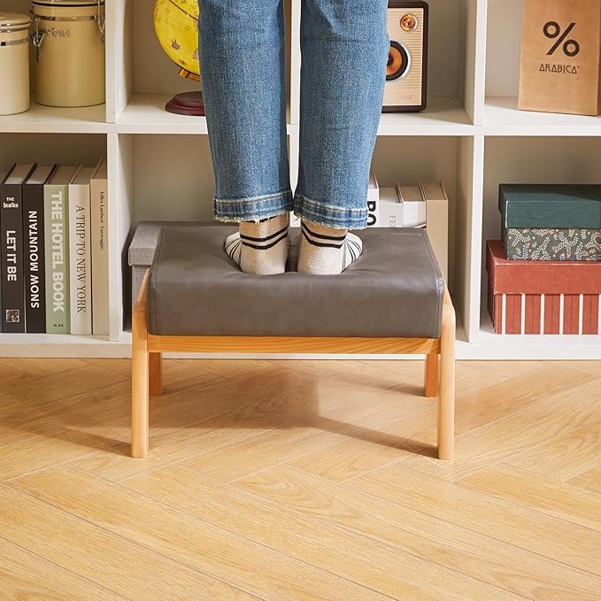 IBUYKE 10.2” H Small Foot Stool Ottoman, Rectangle PU Faux Leather Foot Rest with Padded Seat and Wood Legs, Modern Accent Ottoman Foot Rest for Living Room Bedroom Couch Office, Grey WBD013G-DeskLoop Office