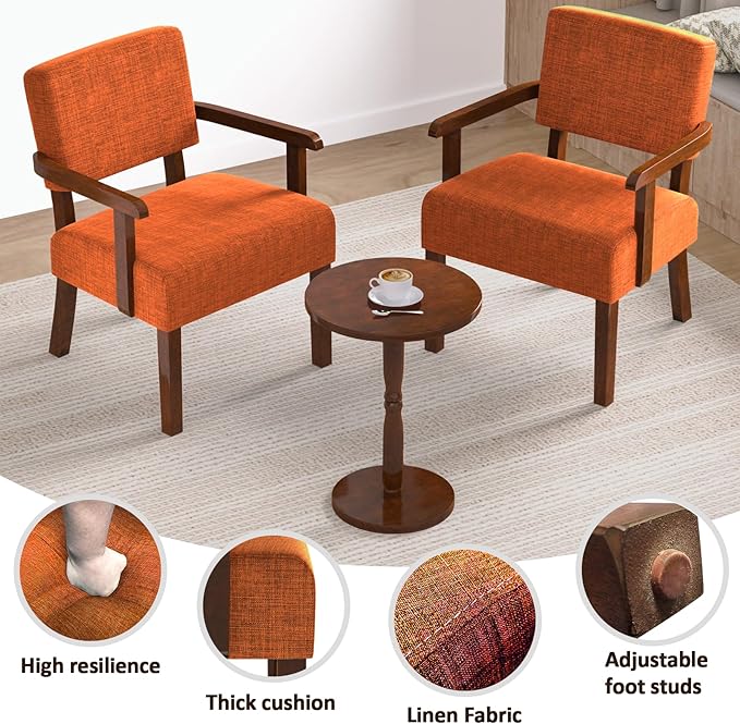 Accent Chair Set of 2 with Table, Living Room Chairs with Soft Seat and Armrests for Living Room Bedroom Reading Room Waiting Room (Orange), Linen, AC01-DeskLoop Office
