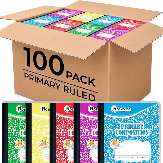 Rosmonde 100 Pack Bulk Composition Notebook, K-2 Primary Ruled, 200 Pages by Rosmonde