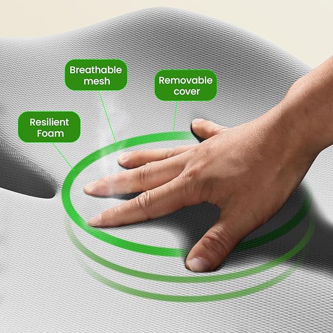 Benazcap Large Seat Cushion for Office Chair Memory Foam Coccyx Pain Relief Cushion Pillow for Back Support Non-Slip Seat Pad for Office Desk, Car Seat, Wheelchair, Sciatica-Grey-DeskLoop Office