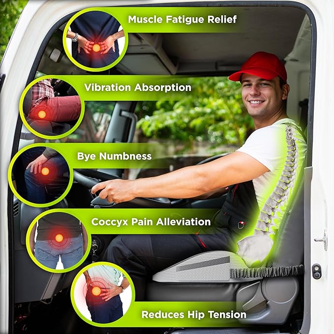 XL Truck Seat Cushion for Truck Driver Seat Cushion - Upgraded Back Support, CertiPUR-US® Certified - Thick Memory Foam, Pain Relief for Hours of Driving, Trucker Approved Big Rig - Gray