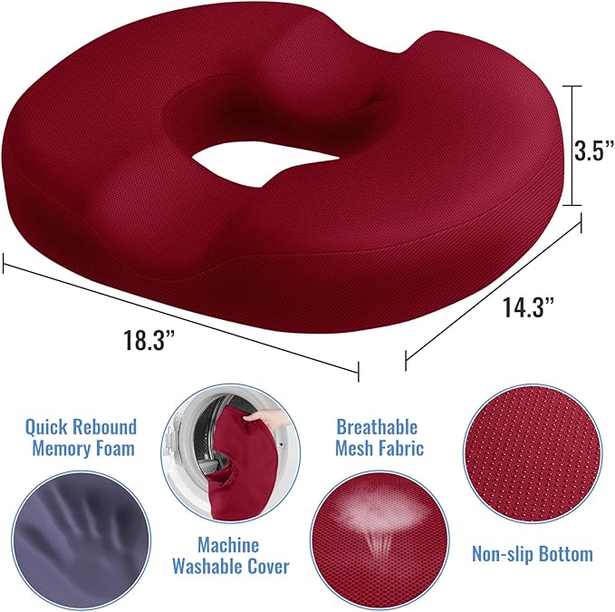 CloudBliss Donut Pillow Seat Cushion Chair Pad for Tailbone Pain Relief and Hemorrhoids, Memory Foam Seat Chair Cushion for Men and Women for Home & Office, (Red-XL)-DeskLoop Office
