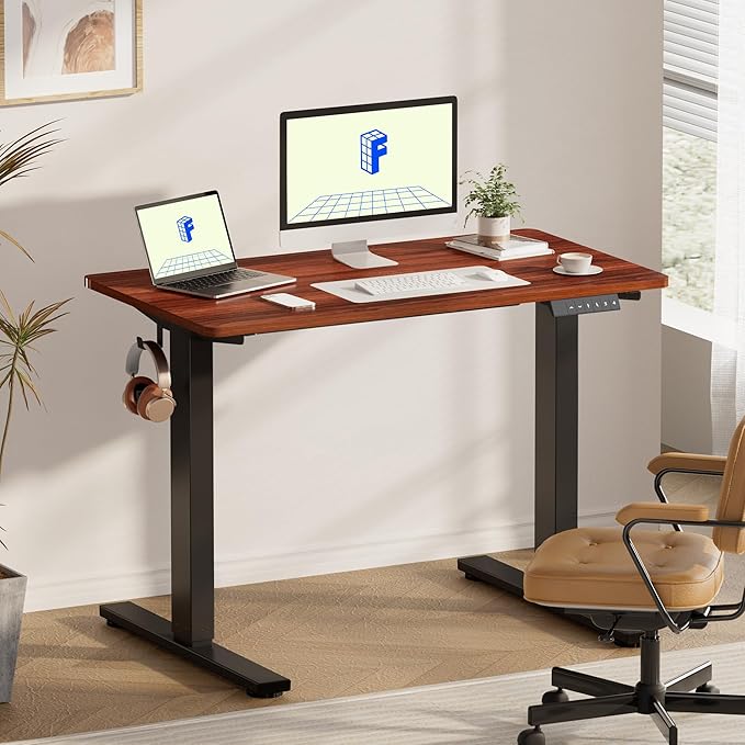 FLEXISPOT EN1 Whole-Piece Standing Desk - 48 x 30 Inches Electric Height Adjustable Sit Stand Desk (Black Frame + 48 in Mahogany Top, 2 Packages)-DeskLoop Office