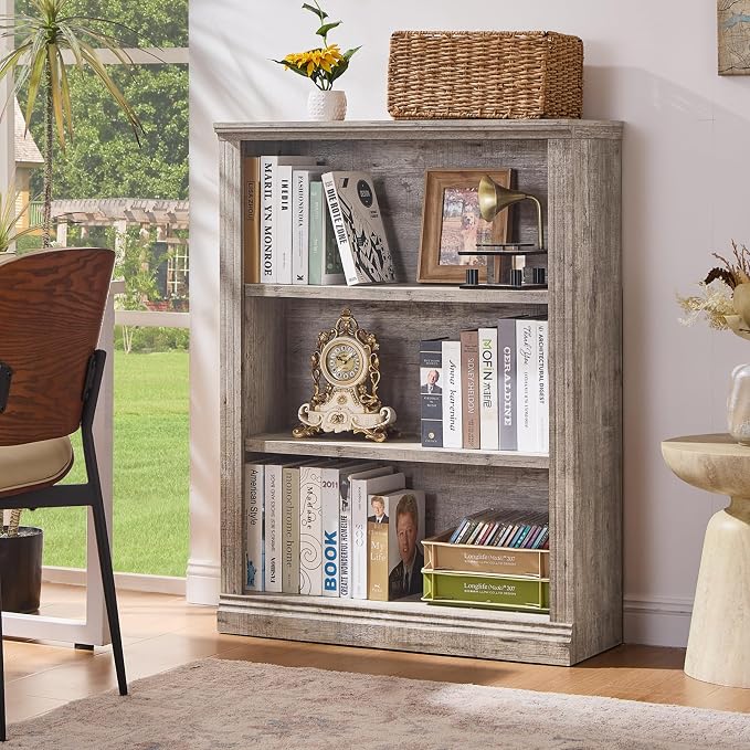RWYHG 43" Grey Tall Bookshelf, 3-Tier Thick Wooden Book Shelf by RWYHG