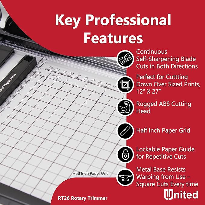 United Office Products RT26 Commercial Rotary Paper Trimmer, Sturdy Metal Base, 26" Cut Length, 15 Sheet Capacity, Paper Cutter for Offices, Schools and Crafts-DeskLoop Office