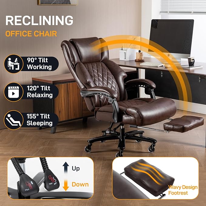 500 LBS Big and Tall Office Chair with Foot Rest High Back Recline Ergonomic Chair for Heavy People, Executive Office Chair Comfortable for Home Office, Large Computer Desk Chair Brown-DeskLoop Office