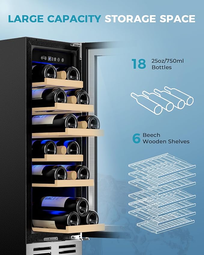 EUHOMY 12 Inch Wine Cooler Refrigerator, Wine Fridge 18 Bottles, Built-in or Freestanding with Double-Layer Tempered Glass Door, Mini Fridge with Quiet and Temperature Memory Function-DeskLoop Office