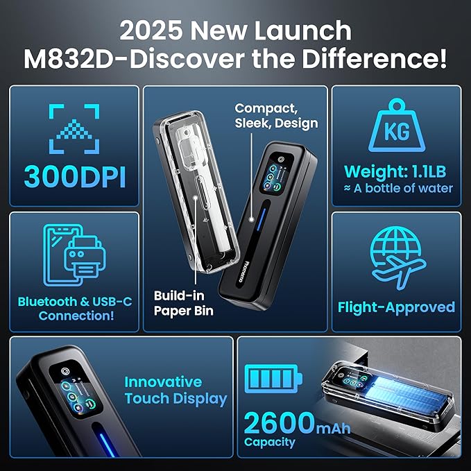 Phomemo Upgraded Portable Printer with Touchscreen, M832D Bluetooth Wireless Thermal Inkless Printer, Supports 8.5"x11" US Letter & A4, Compatible with iOS, Android, PC for Travel, Black-DeskLoop Office