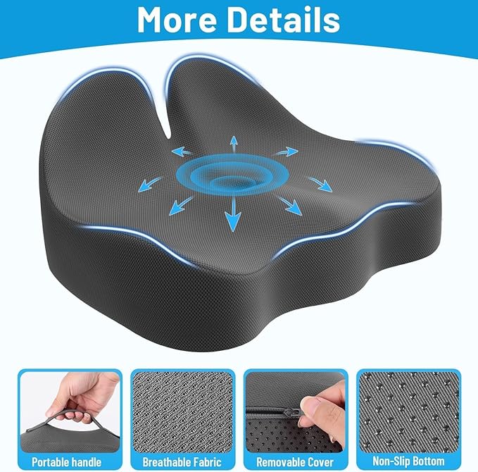 Seat Cushion, Memory Foam Office Chair Cushions, Ergonomic Curved Design for Sciatica, Tailbone, Coccyx, Seat Support for Car, Desk Chair, Wheelchair, Enhances Long Sitting Comfort (Grey)-DeskLoop Office