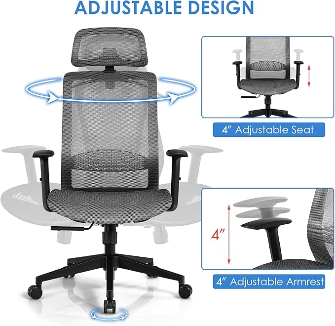 POWERSTONE Ergonomic Mesh Office Chair - High Back Computer Desk Tilt Lock Mesh Seat with Lumbar Support and Clothing Hanger, Executive Swivel Mesh Chair with Adjustable Arms and Headrest (Grey)-DeskLoop Office