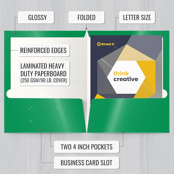 Better Office Products 2 Pocket Glossy Laminated Green Paper Folders, Letter - Image 2