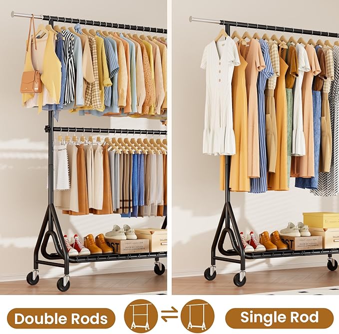 Heavy Duty Clothes Rack for Hanging Clothes, Double Rods Clothing Rack with Lockable Wheels, Rolling Garment Racks with Shelf, Easy to Assemble, Black-DeskLoop Office