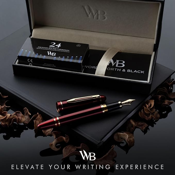 Wordsworth & Black Majesti Fountain Pen-(Red), Luxury Case, 24K Gold Finish; 18K Gilded Fine Nib- Ink Cartridges, Refillable Ink Converter-Calligraphy Pen-Best Business Gift Set for Men & Women-DeskLoop Office