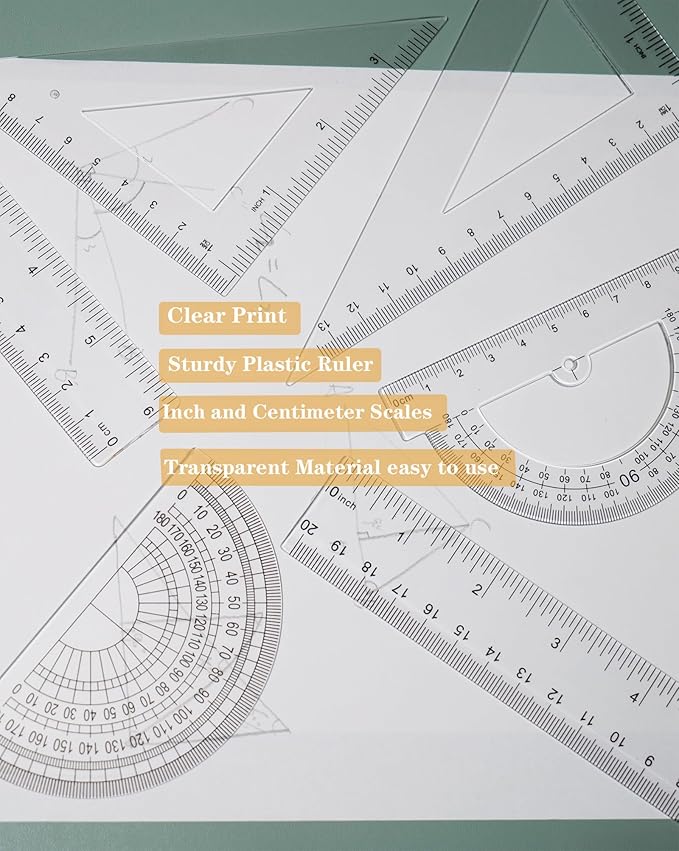 Geometry Set, 6-Piece Clear Plastic Math Ruler, Drafting Ruler Kit Includes Protractor, Triangle Ruler, Straight Ruler-Math Measurement Tools for Students, School and Office Supplies-DeskLoop Office