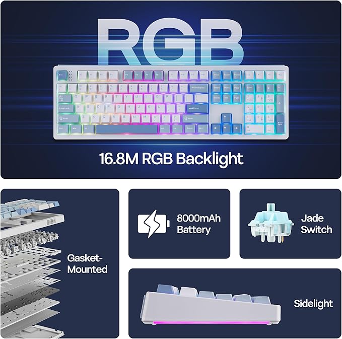 EPOMAKER TH108 Full Size Mechanical Keyboard, Wireless Gaming Keyboard, 8000mAh Battery, Creamy Gasket, 108 Keys, Hot Swap, Custom Driver, RGB Backlights (Blue&White, Creamy Jade Switch)-DeskLoop Office